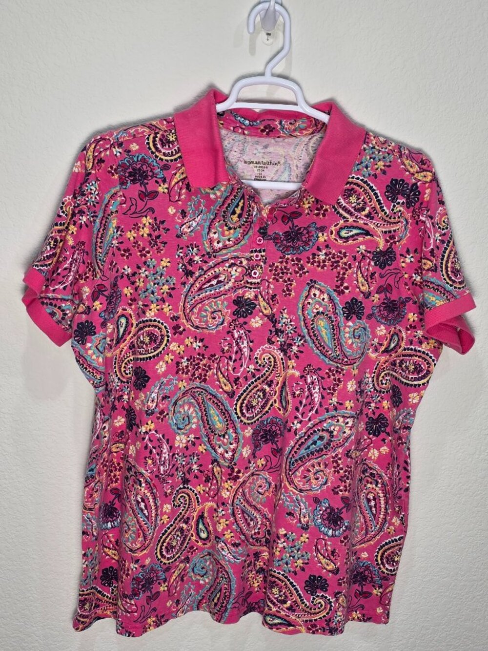 Woman Within Peony Petal Paisley Polo Shirt 1X 22/24 Plus Short Sleeve Comfort